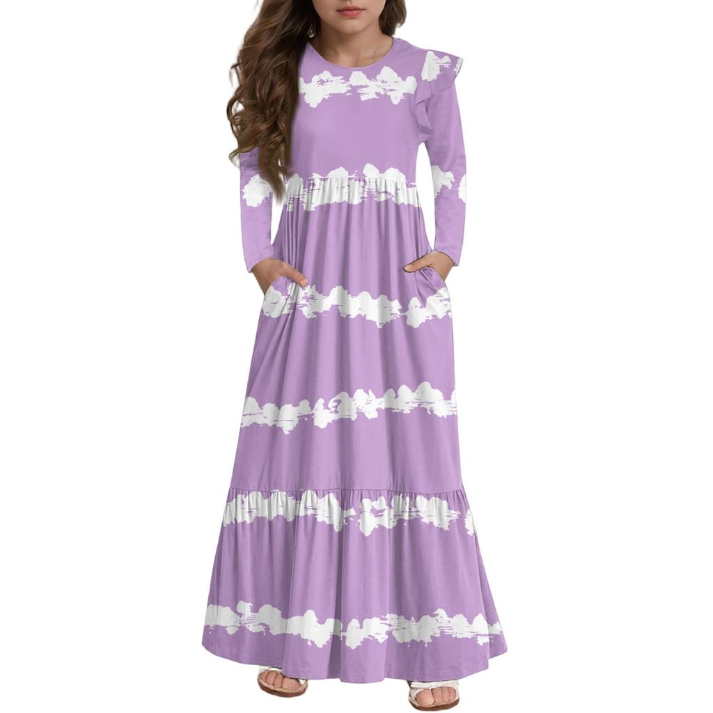 Girls' Tiered Ruffle Dress - Long Sleeve Printed Maxi With Pockets