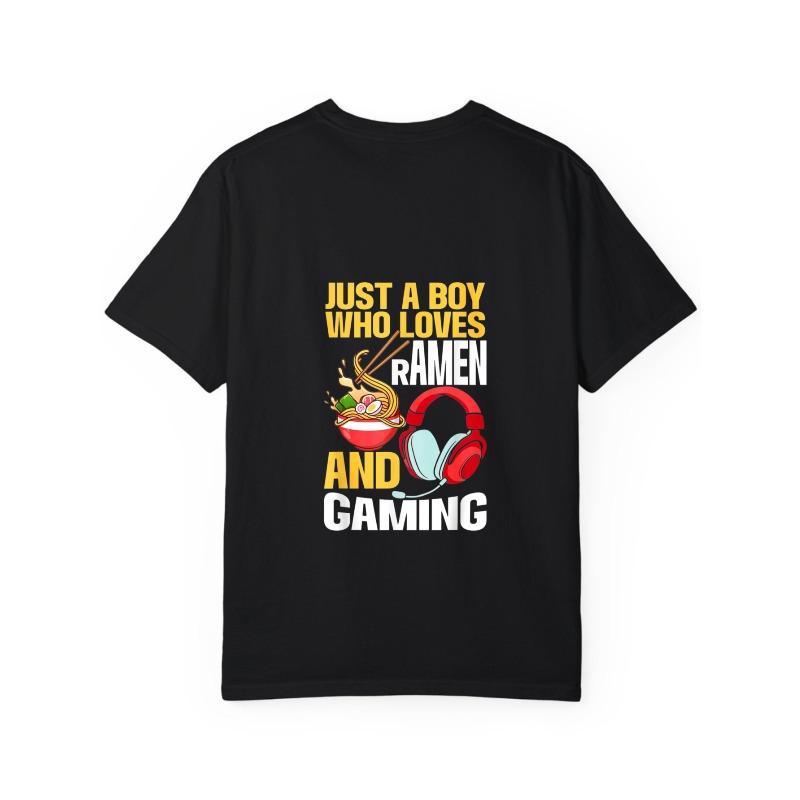 Crewneck T Shirt White Just A Boy Who Loves Ramen and Gaming with Bowl of Ramen and Headphones Graphic for Casual Wear and Gaming Events
