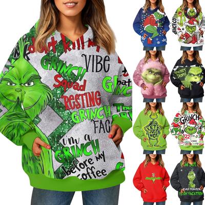 Ladies' Fashionable Long Sleeved Pullover With Christmas Print Hooded Pocket Sweatshirt