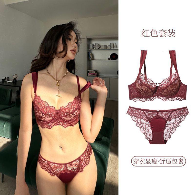 Sexy underwear women's breasts are large and small, anti-sagging top support French deep V thin bra cover set New Year's model