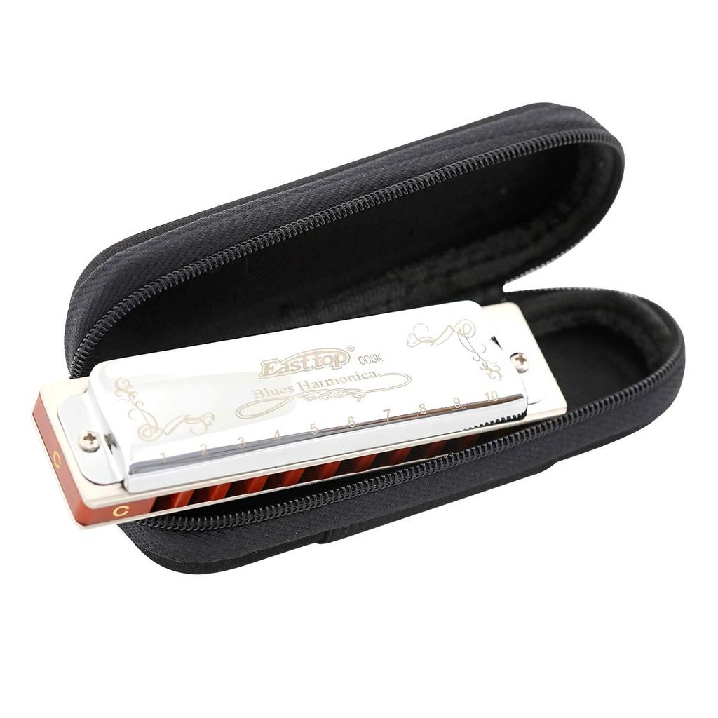 East Top Blues Harmonica, 10-Hole, C Key, 20 Tones, Brass Cover, Canvas Case, Cleaning Cloth, Diatonic Harmonica for Beginners and Professionals, Stud