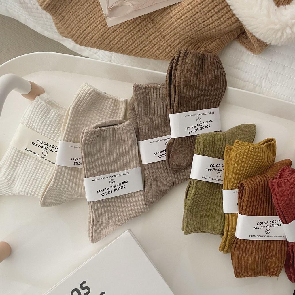 22 Four Seasons Simple Basic Draw Strip Solid Color Spinning Socks Double Needle Socks Preppy Style