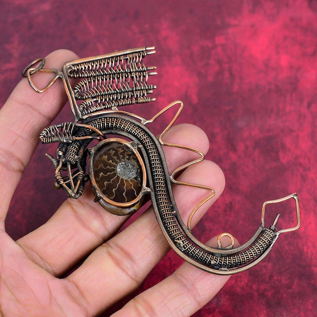 Ammonite fossil pendant copper wire wrapped pendant handmade jewelry gemstone pendant wire wrap dragon jewelry gift for women decent pendant