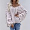 Autumn and winter pullover striped women's knitted sweater V-neck women's clothing plus size sweater women's clothing