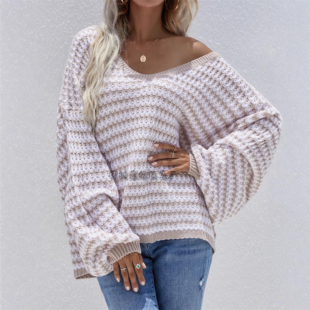 Autumn and winter pullover striped women's knitted sweater V-neck women's clothing plus size sweater women's clothing