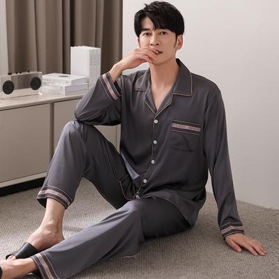 Spring And Autumn Ice Silk Pajamas Men'S Long Sleeve Suit Simple And Wear Men'S Simulation Silk Homewear