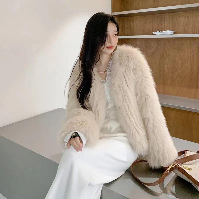 

Зимняя новая шуба из искусственного меха, женская, с длинным рукавом, короткая, с воротником-стойкой, плюшевый топ L 115-65 kg абрикосовый