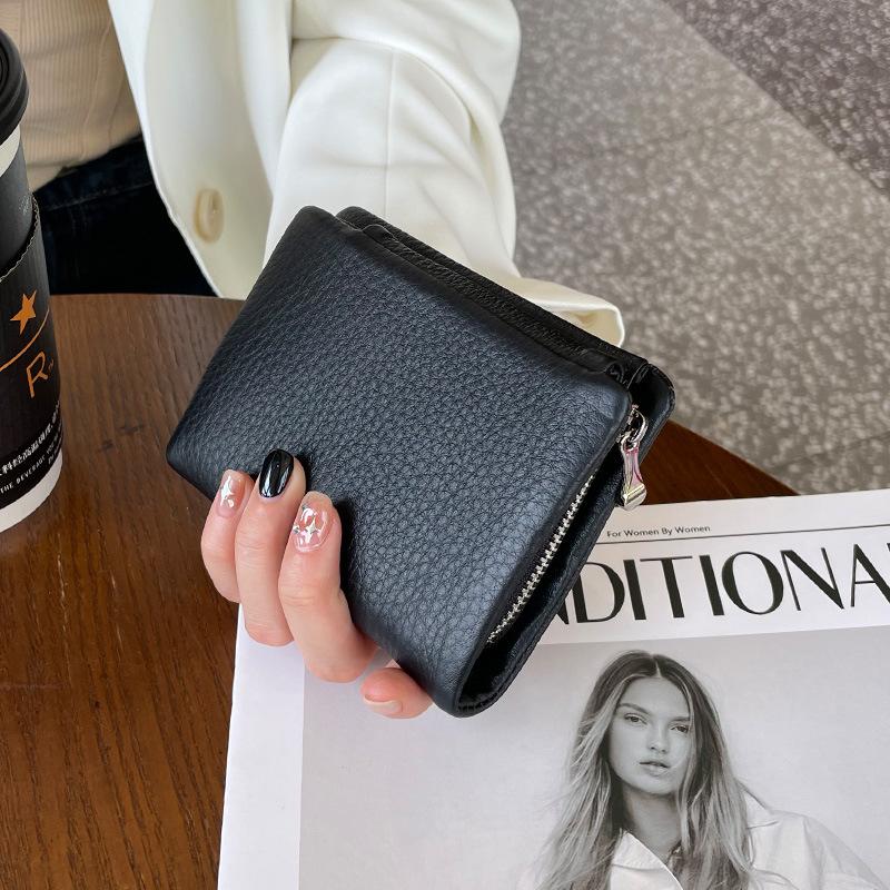 2026 Genuine Leather Wallet Women, Short Folding Top Layer Cowhide, Multi-position Vertical Wallet чёрный