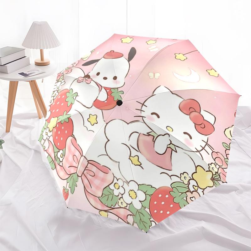 

1pc Hello Kitty & My Melody Floral Wreath Automatic Opening/Closing Umbrella with Convenient Three-Fold Design, 8-Bone Iron Frame, Outdoor, Perfect Gi