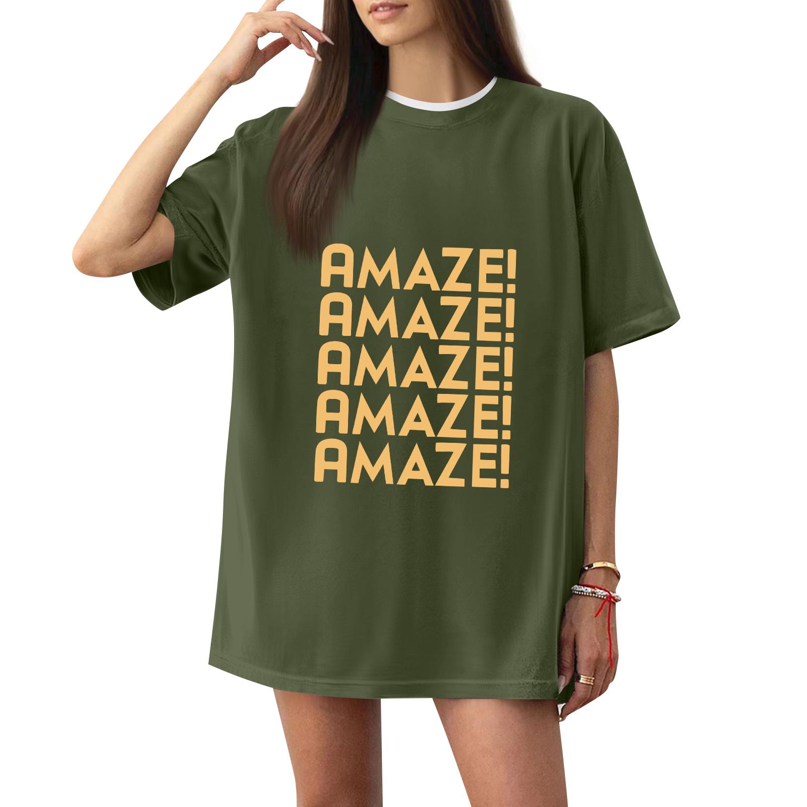 Women s Casual Printed T-Shirt Round Neck Pullover Short Sleeve Top L армия зеленый