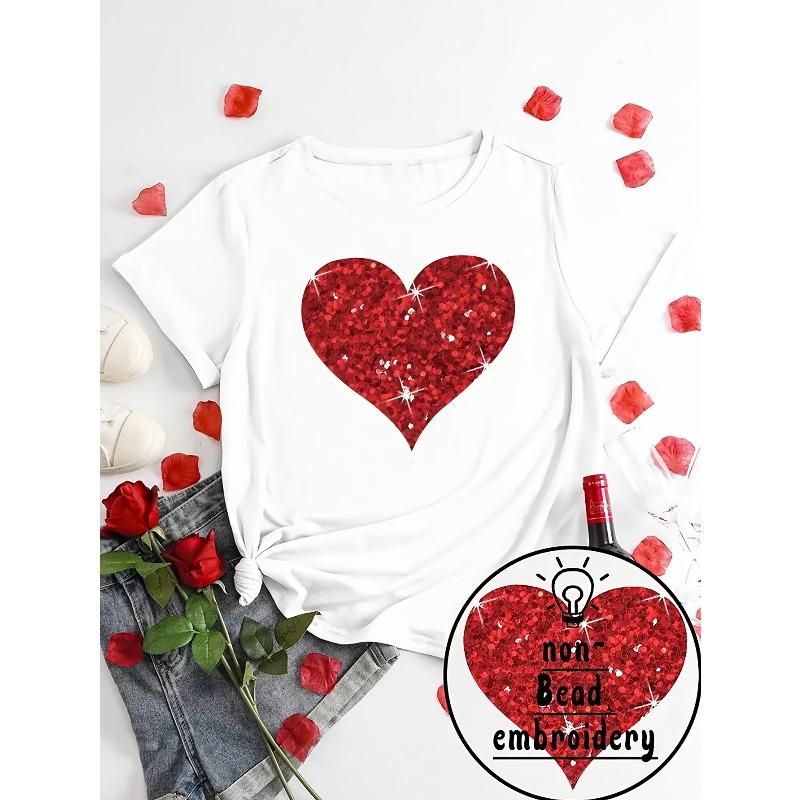 

European Size Women s Valentine s Day Heart & Sequin Top - Short Sleeve Round Neck Blouse, Sparkling Casual Summer Outfit for Valentine s Gifts 4XL білий
