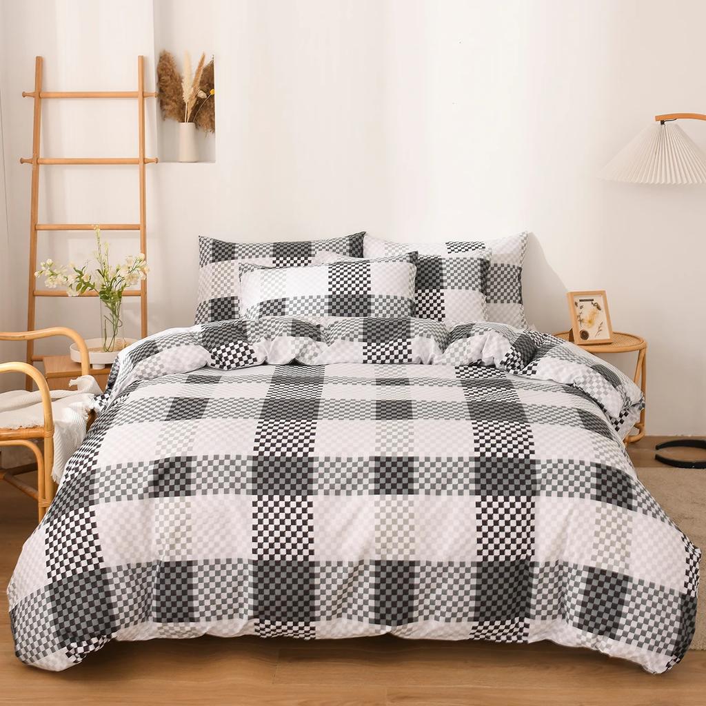 3PCS Single-sided Printed Bedding Set ,Comforter Black And White Plaid  Grid Duvet Bedding Cover Pillows Comfortable Bedspreads