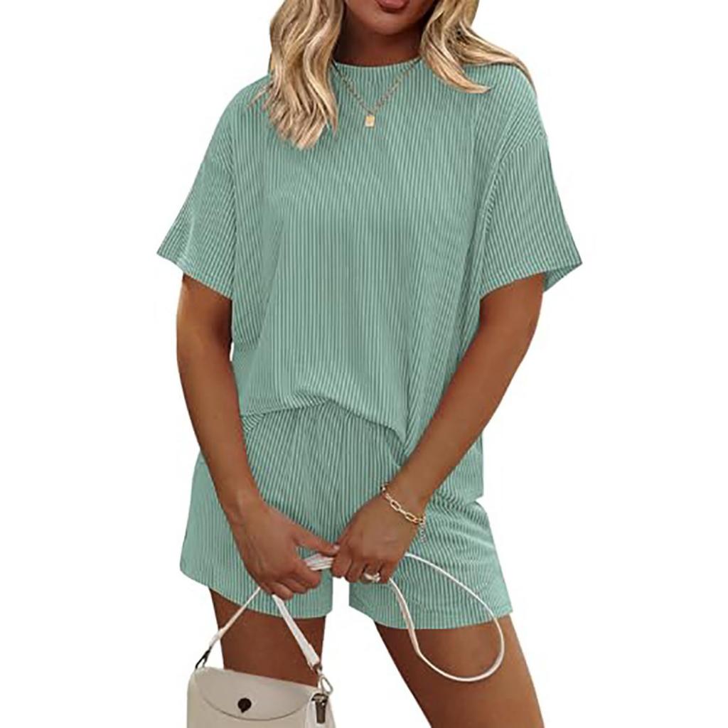 Stylish Striped Color-blocked Short-sleeved Loungewear Set For Women, Suitable For Wearing Outside.