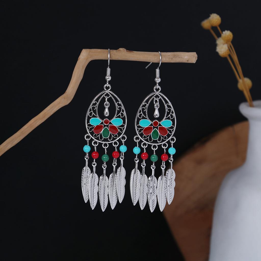 Bohemian Ethnic Style Oval Earrings, Retro Tourist Attractions Ethnic Minority Fringed Beaded Earrings