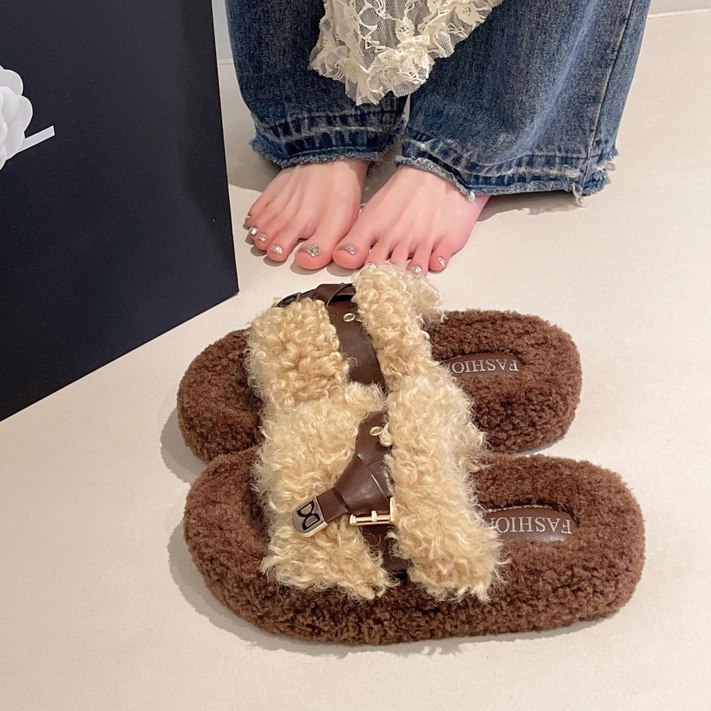 Retro Dicksohlige Flauschige Hausschuhe Damen 2025 Herbst Neue Mode Ein-Wort-Hausschuhe, Ausländischer Stil Erhöht und Schlankmachende Hausschuhe
