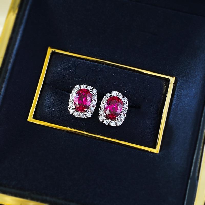 Longlongjin S925 Silver 1 Carat Simulated Ruby Stud Earrings for Women - Simple, Versatile Style