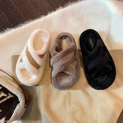 Autumn and Winter New Mao Mao Drag Cross Belt Splicing Warm Casual Style Thick-soled Slippers Women's New Models