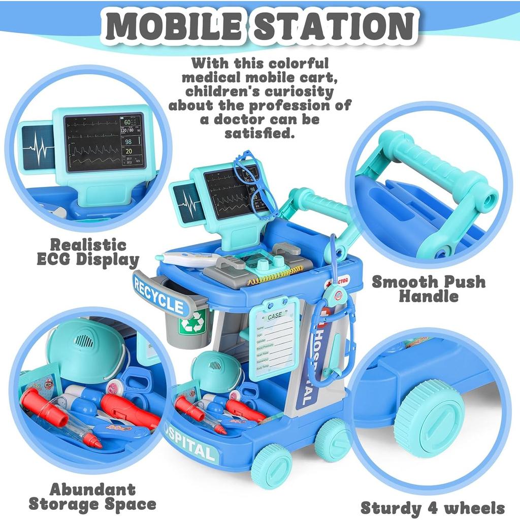Doctor Cart Toy Pretend Play Medical Station Set with Mobile Cart Lights Stethoscope Doctor Role Play Costume for Kid Boys Girls
