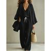 Kadın 3 Parça Keten Kıyafet Kimono Kollu Açık Ön Hırka V Yaka Üst İpli Geniş Bacak Pantolon Boho Plaj Kombin Seti