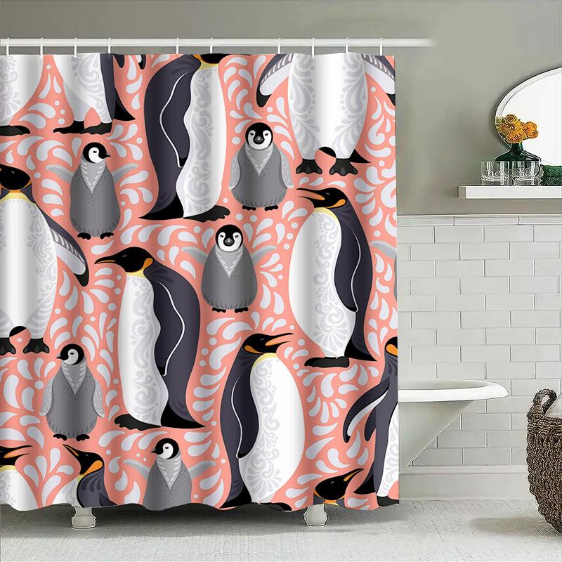 Pink and White Penguin Shower Curtain Set Waterproof Bath Decor for Kids Room 3D Printed Fabric Available in Different Sizes Fas