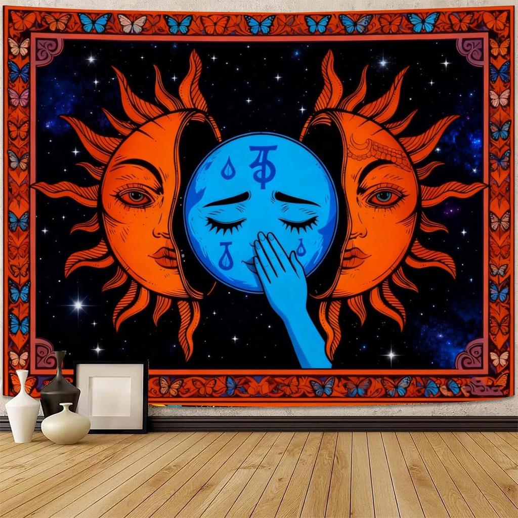 Hippe Boho Sun And Moon Tapestry, Trippy Colorful Tapestries Mystic Aesthetic Burning Sun Moon Wall Hanging Blanket For Bedroom