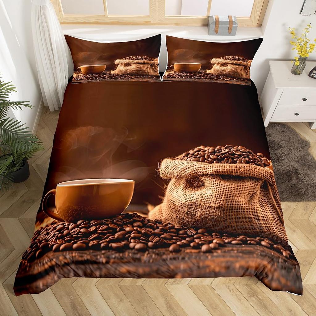 Coffee Duvet Cover Queen King Cartoon Coffee Drink Cup Print Bedding Set Coffee Lover Comforter Cover Modern Brown Quilt Cover