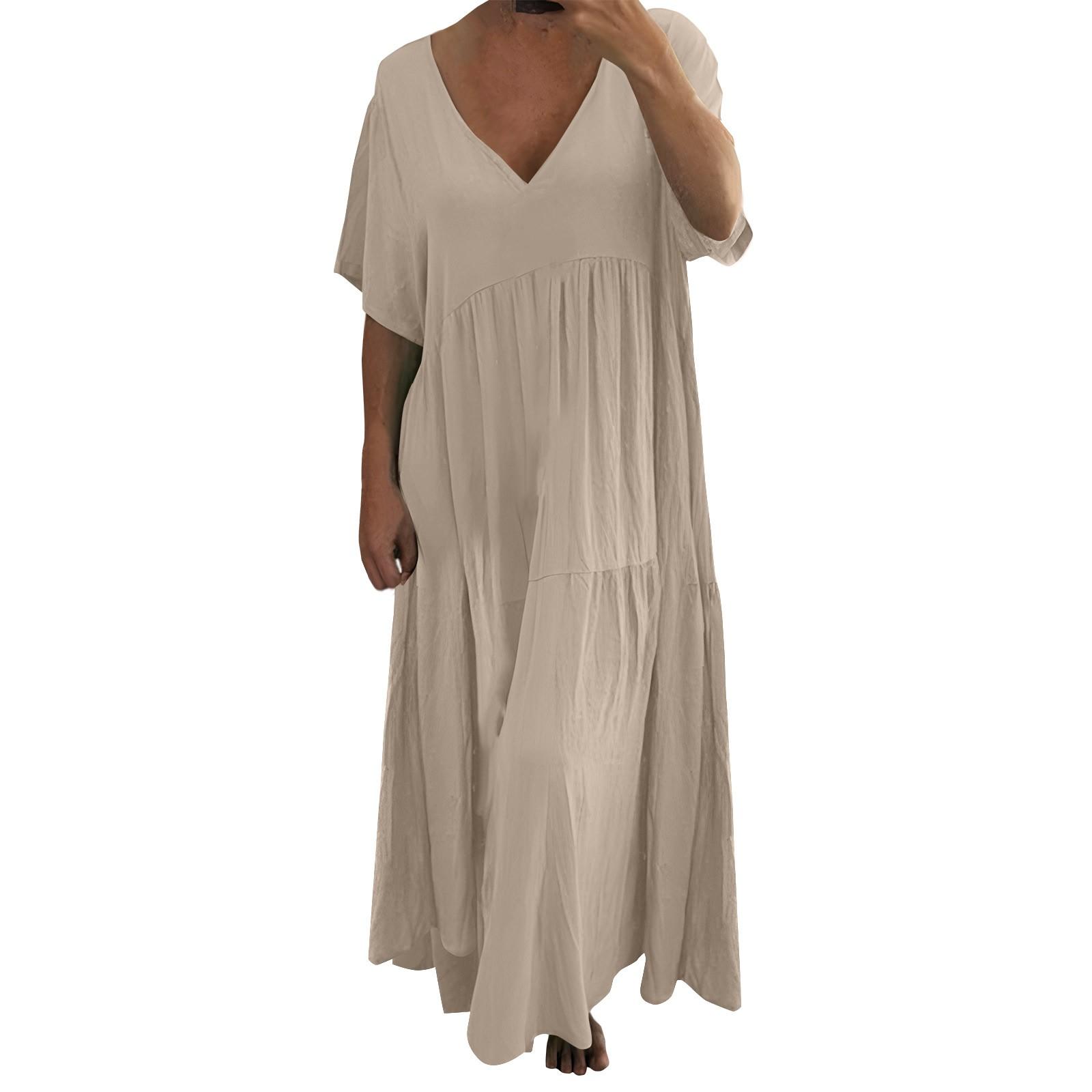 

Women s Fashion V-Neck Color Loose Long Big Swing Short Sleeve Dresses XL хакі