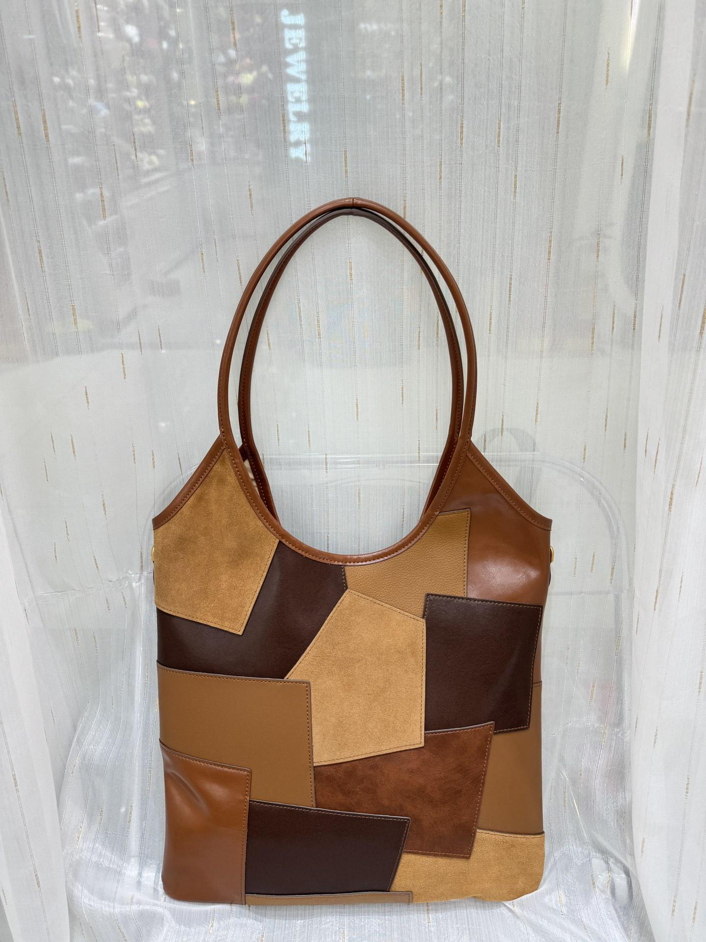 

Винтажная лоскутная сумка-тоут из коровьей кожи: Сумка-багет большой вместимости, в стиле «ленивый шик».