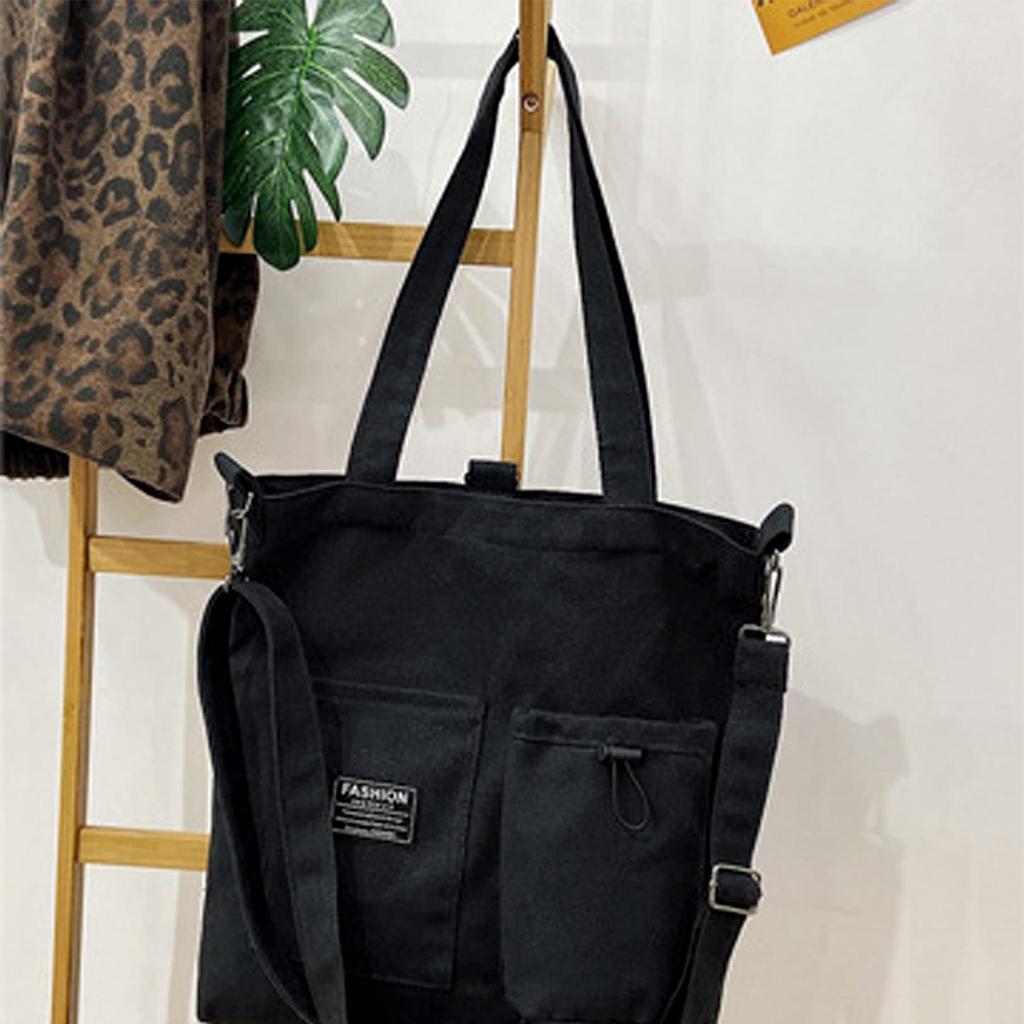 Enkrio Canvas Tote Bag, Shopping Bag, Shoulder Bag, Carry Bag, Handbag, Pocket, Foldable, A4 Size, Multi-Storage, Canvas, for Men and Women,