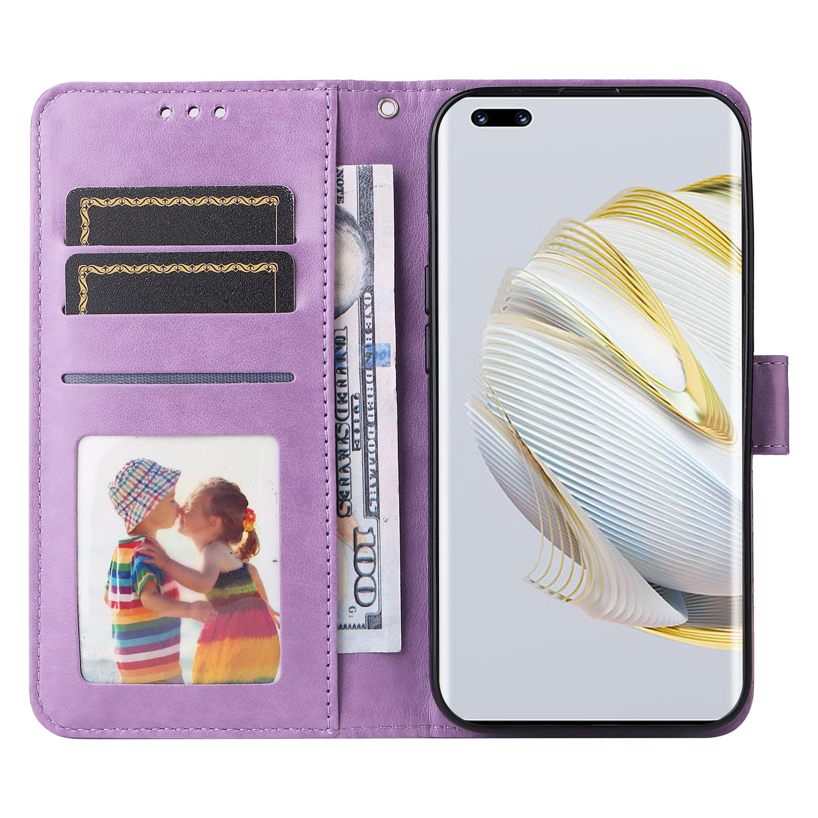 

For Huawei nova 10 4G PU Leather Stand Wallet Case Sunflower Imprinted Shockproof Phone Cover with Wrist Strap Purple