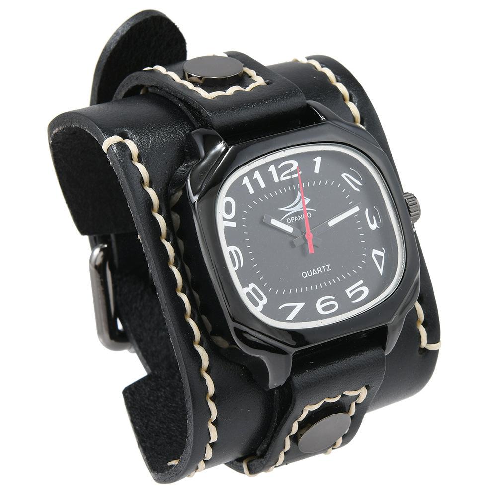 European and American hot-selling accessories, new hand-stitched retro cowhide watch bracelet, men s trend wide leather quartz watch чёрный