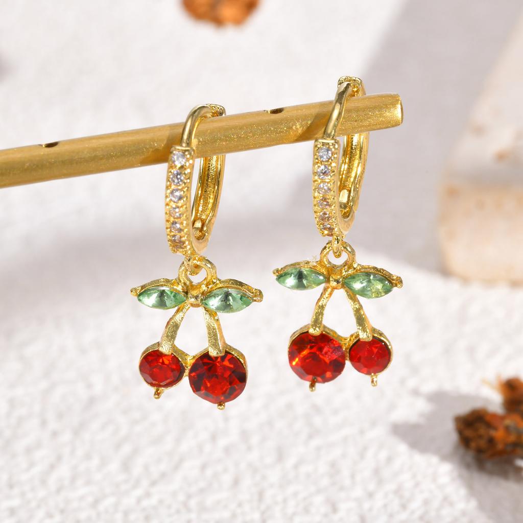 Cherry Zirconia Dangle Earrings for Women, Gold Plated Fruit Shape Pendant Jewelry, Sweet Personal Ear Buckle for Girls
