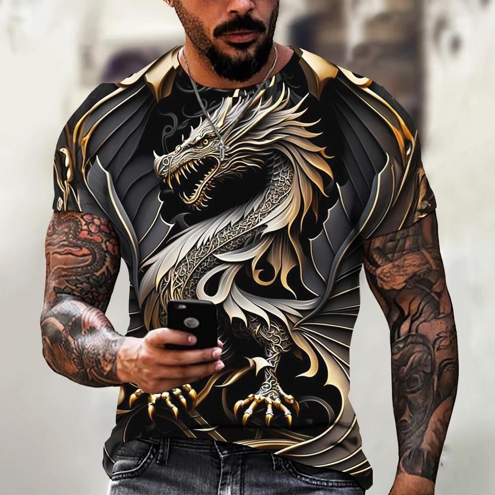 Summer sportswear men's metal dragon T-shirt 3D animal print fashion men's T-shirt casual short sleeved loose oversized top