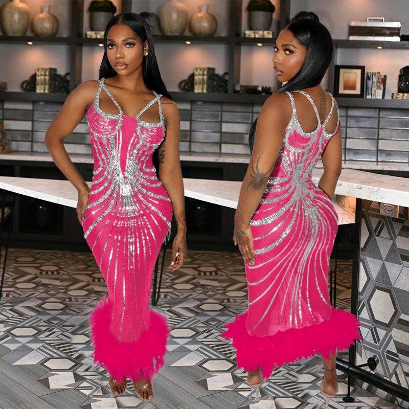 Women's Fashion Sequin Fanny Pack Hip Dress Annual Meeting Host Evening Wool Dress