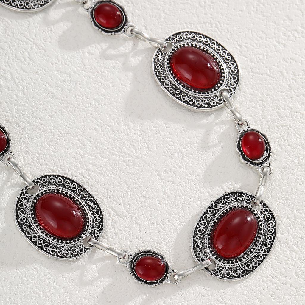 Fashion Oval Wine Red Crystal Metal Waist Chain for Women Retro Exquisite Silver Color Belt Chain French Style Body Jewelry Gift