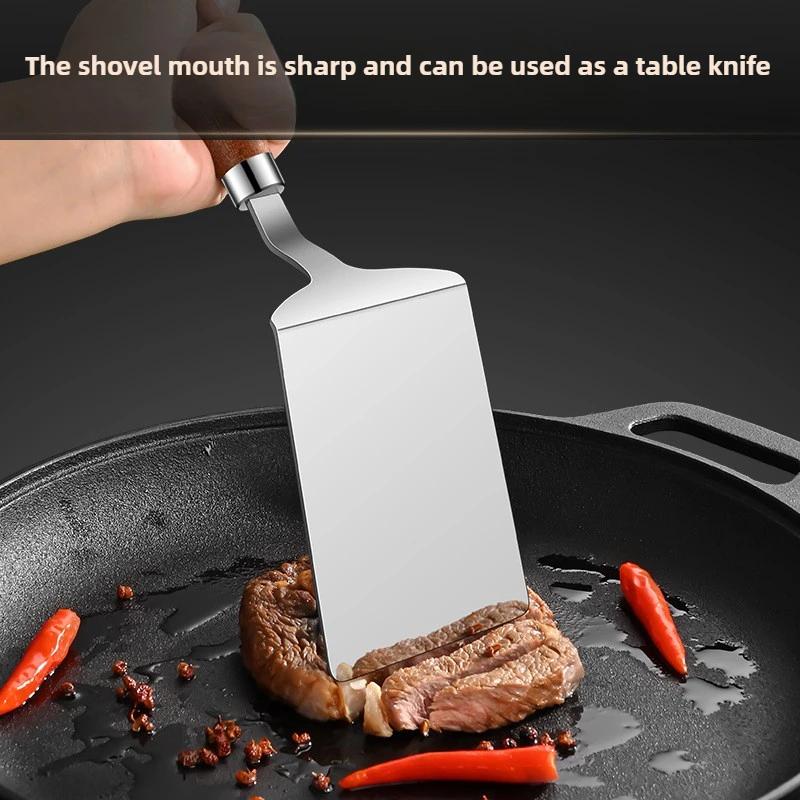 Stainless Steel Square Head Steak Cooking Spatula Wood Handle Pizza Shovel Pancake Beef Turner Scraper BBQ Utensils For Kitchen