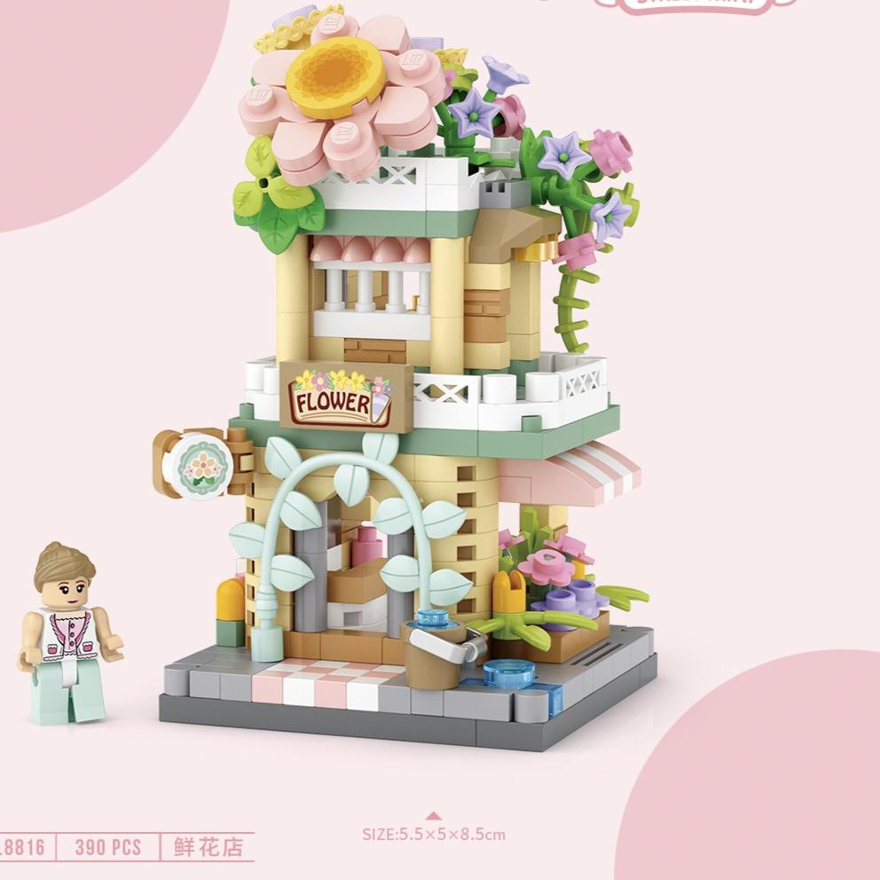 2026 NEW Panda Pet Coffee Ice Cream Flower Shop Store Street View Food House Building Blocks Kit Girls Model Kids Toy Children