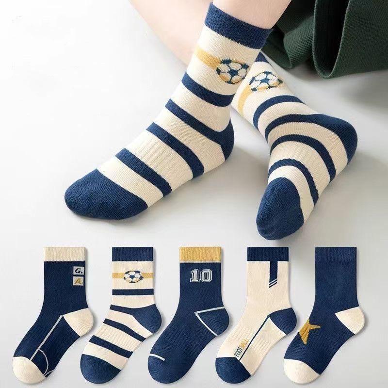 

Мультяшные футбольные спортивные носки для мальчика девочки осень зима детские хлопковые теплые носки средней длины 5 пар полосатые детские носки от холода 9-14Y синий