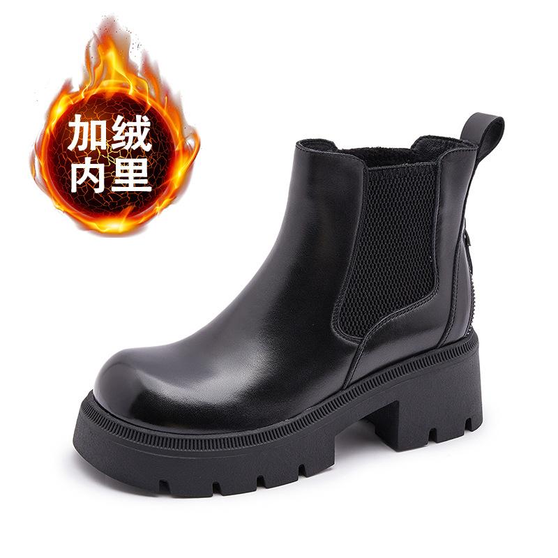 Leather Martin Boots Women's Short Boots 2025 Autumn and Winter New Retro Cigarette Boots Velvet Thick-soled Medium Tube Chelsea Boots
