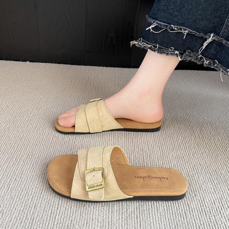 2025 Retro Women's Sandals Soft-soled Non-slip Wear-resistant Flat Shoes Fashion Metal Buckle Outdoor Comfortable Beach Shoes
