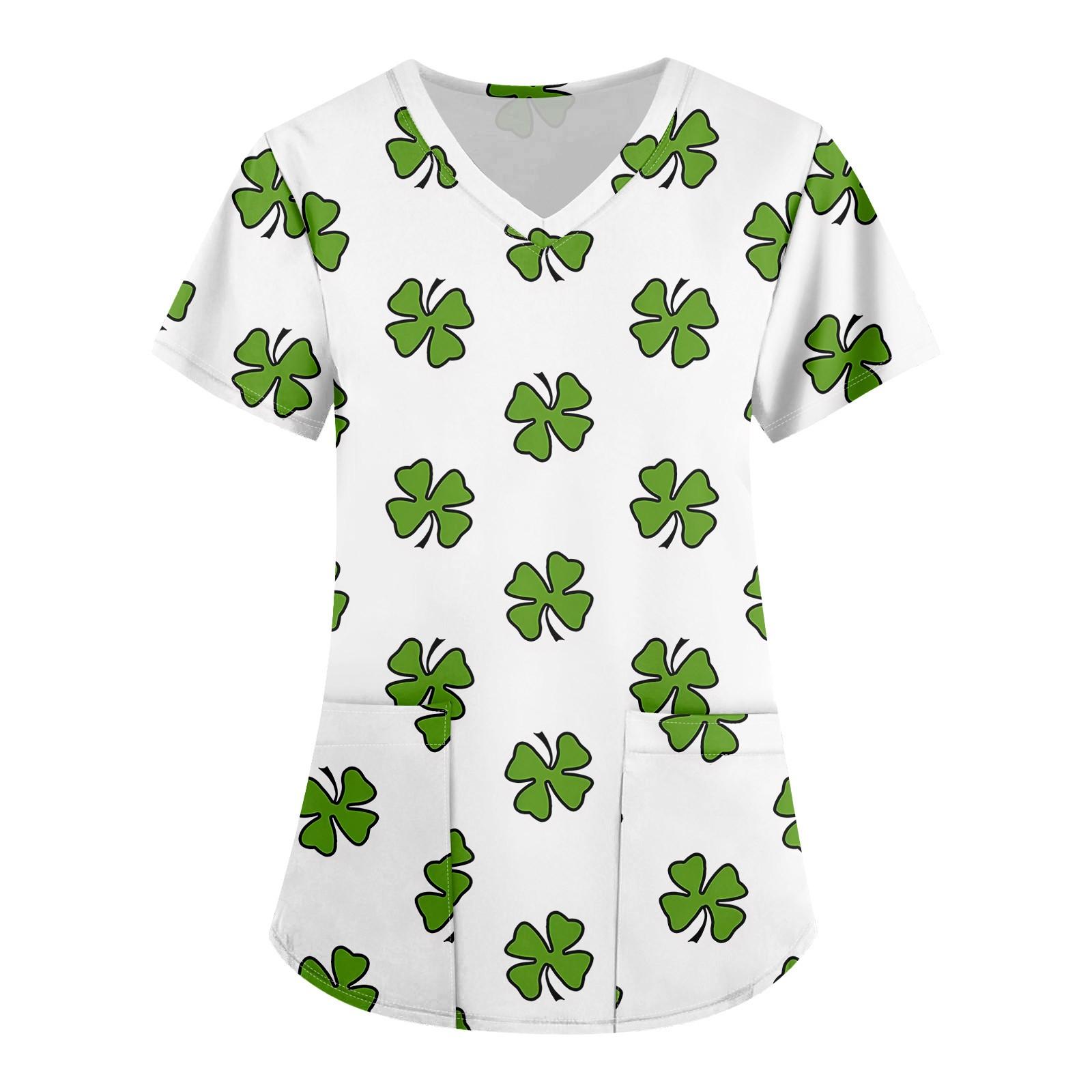 

Большие размеры, печатные рабочие униформы, топы для женщин, крестообразный V-образный вырез, принт ко Дню Святого Патрика, короткие рукава, забавные футболки, рабочая одежда, футболка с карманами XL белый