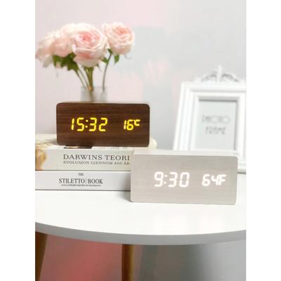 Digital Alarm Clock Wooden LED Table Clock with Temperature for Bedroom Office Desk Decoration Snooze Double Voice Control Clock