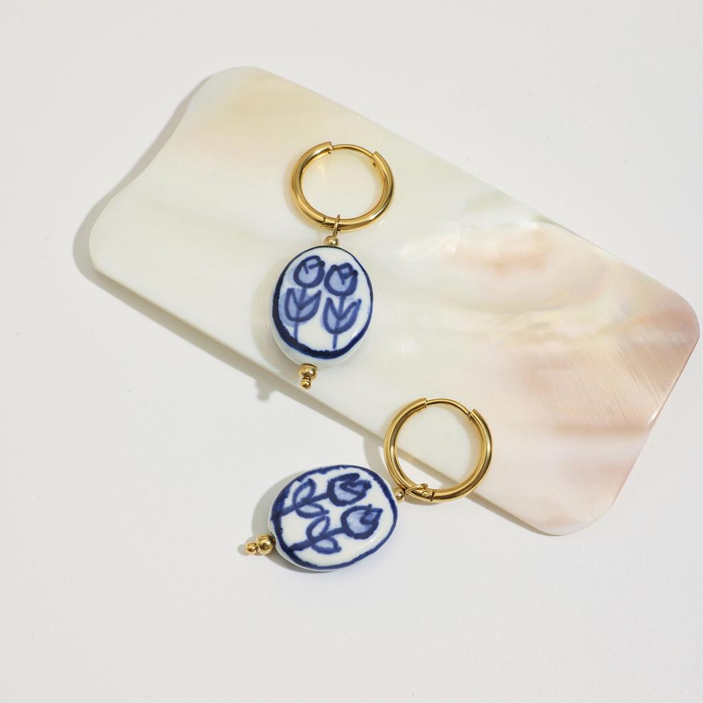 Youthway Hand Drawn Flower Ceramic C-Shaped Earrings Gold Plated Stainless Steel Minimalist Anti Allergic Women Jewelry Gift