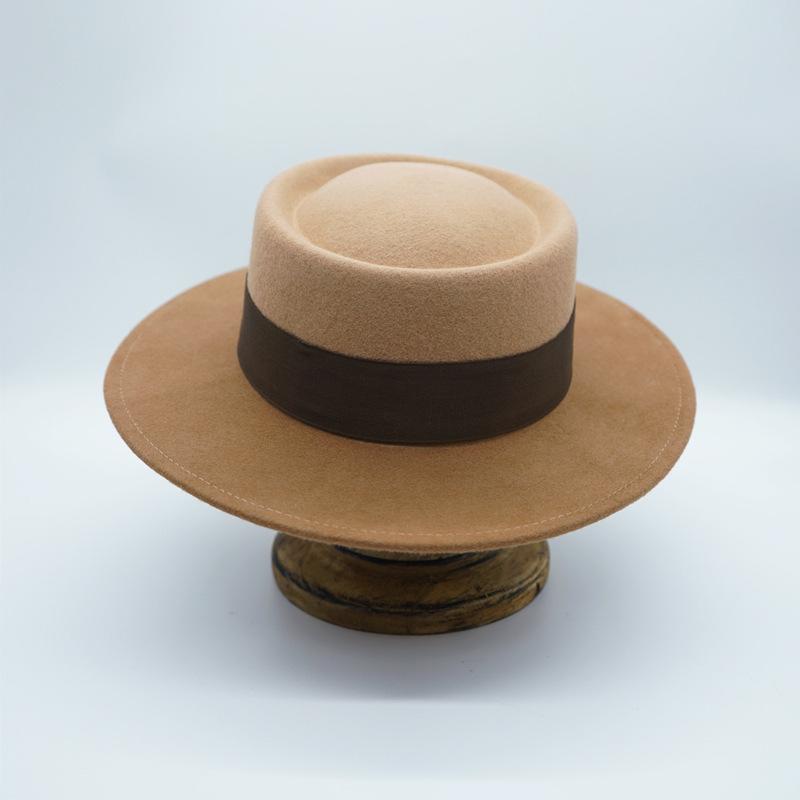 French Elegance Gradual Change Camel Color Matching Retro British Wool Woolen Flat Top Top Hat Women Autumn And Winter Felt Wide Brim Japanese