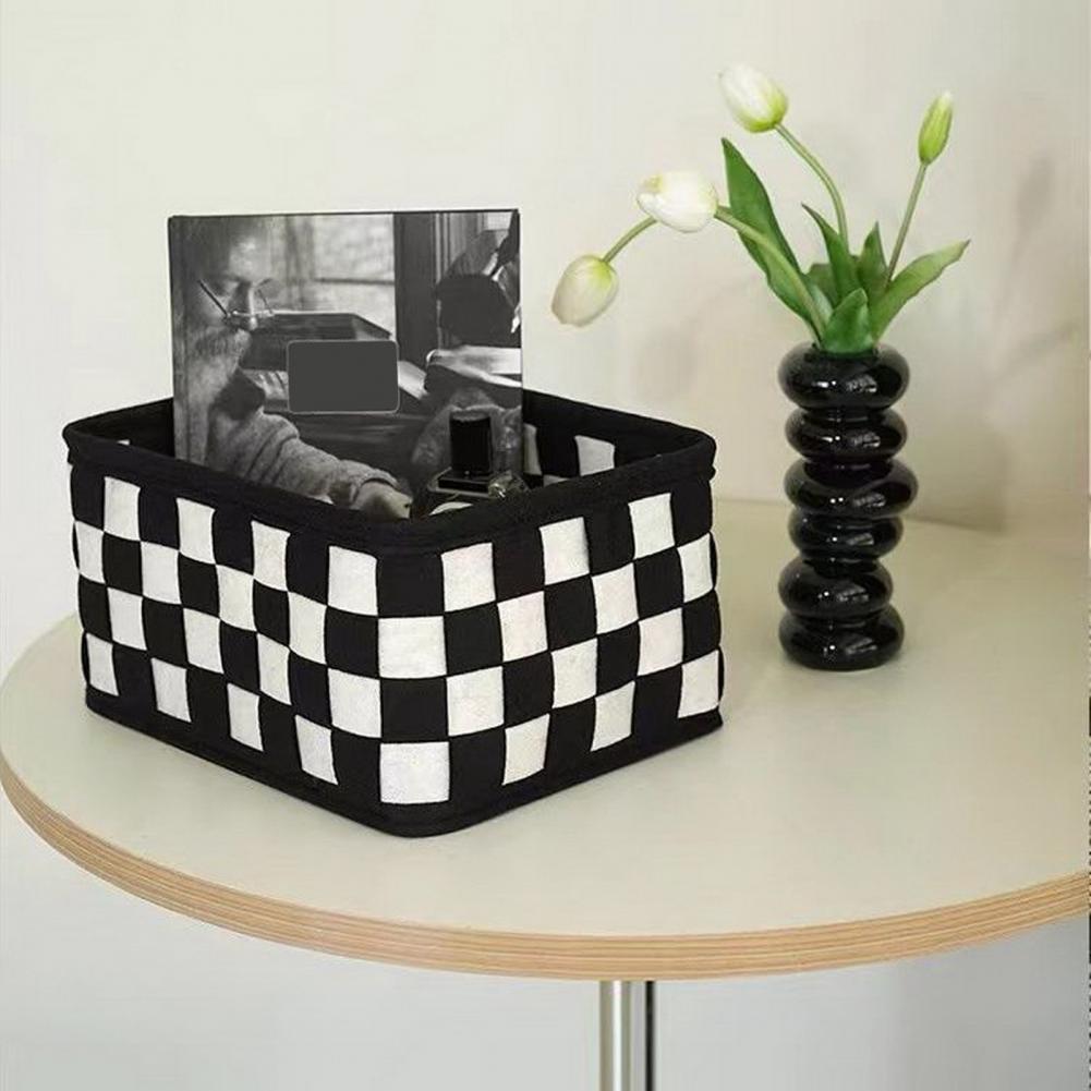 Praktyczny, oszczędzający miejsce, czarno-biały szachownicowy koszyk do przechowywania na biurko, wielofunkcyjny, stabilny koszyk do przechowywania do sypialni
