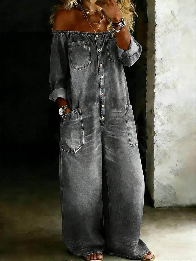 Tuta da Donna Senza Spalle con Bottoni Frontali Gamba Larga Look Denim Romper