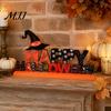 Density Board Craft Ornaments Wooden Halloween Table Ornament, Trick or Treat/Boo/Happy Desktop Decoration Cartoon Ghost Wizard Hat with for