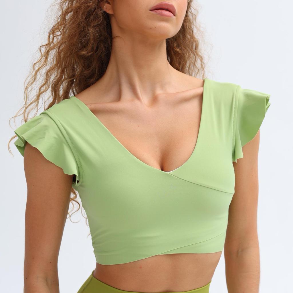 Women's Summer Yoga Top with Chest Pads - Lotus Leaf Short Sleeve for Fitness & Training