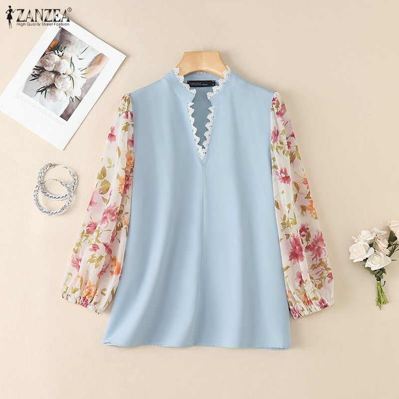 ZANZEA Women Casual V-Neck Floral Print Splice Long Sleeve Blouse