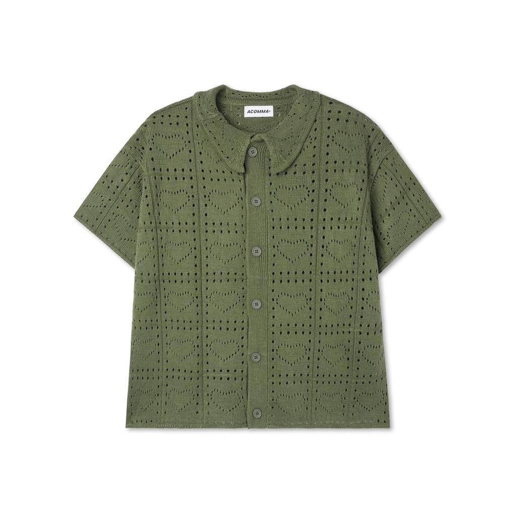 Apostrophe Comma Heart Punched Collar Short Sleeve Cardigan_Black